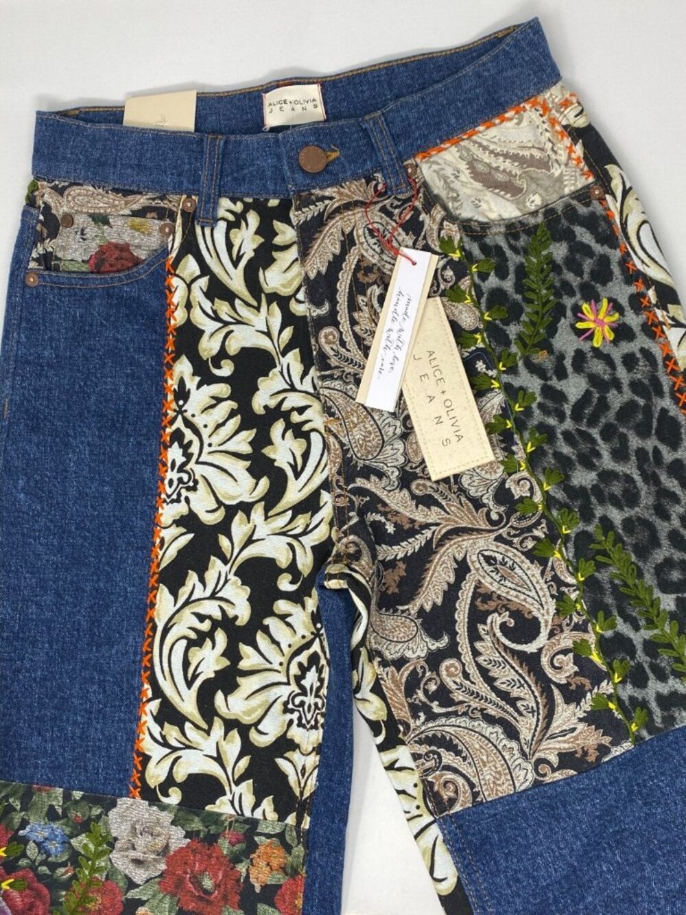 Alice + Olivia Weezy Lola Blue Multi Mixed Media Jeans 26 NWT $595 - Picture 6 of 11
